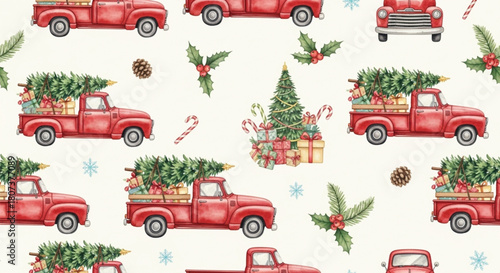 Vintage Red Truck Christmas Seamless Pattern with Tree and Gifts Watercolor Illustration