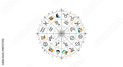 A detailed astrology wheel displays zodiac signs planetary symbols and constellations.