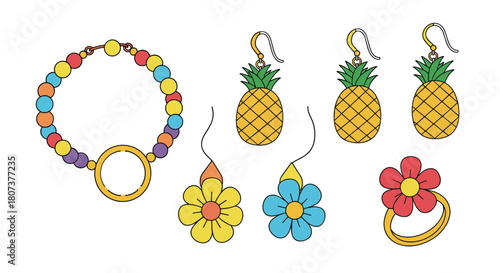 A cute summery jewelry set features a beaded bracelet pineapple earrings flower accessories and a ring.