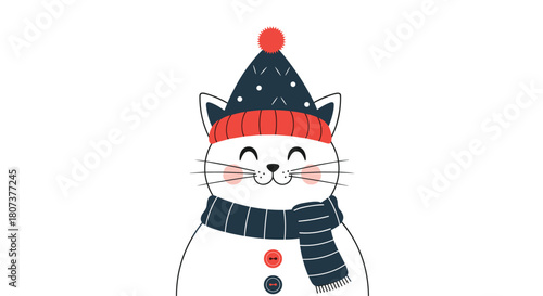 A cozy white cartoon cat with rosy cheeks wears a winter hat and scarf radiating wintry charm.
