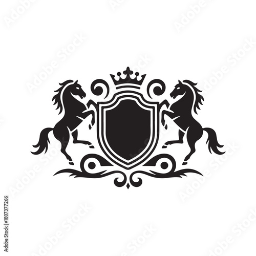Black heraldic crest with two rearing horses and crown shield