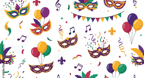 A seamless pattern with masquerade masks musical notes and confetti creates a festive atmosphere for carnival or Mardi Gras.