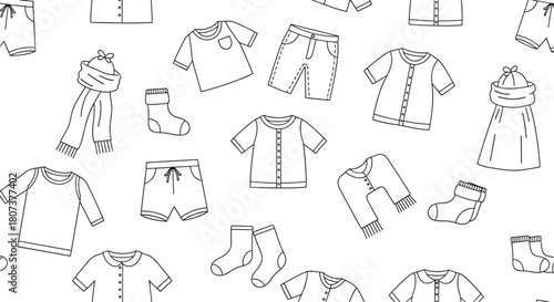 Seamless black and white pattern featuring various items of outlined clothing for children and adults.