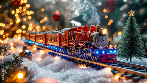 Festive Train Set Moving Through a Winter Wonderland With Bright Lights and Decorations