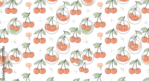 Sweet seamless summer pattern featuring ripe red cherries inside charming clear glass jars.