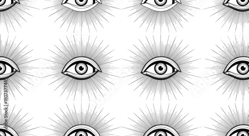 Mesmerizing seamless pattern of all-seeing eyes in a mystical black and white esoteric style.