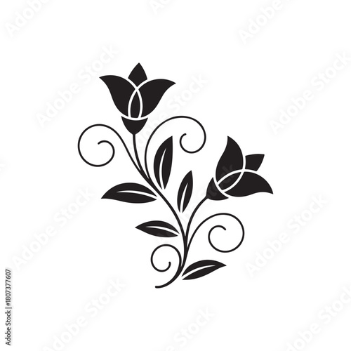 Black floral ornamental design with two bell shaped flowers and swirling vines white plant
