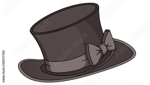 "A studio shot of a classic, elegant dark brown felt top hat. The hat features a tall, cylindrical crown and a narrow, slightly upturned brim. A matching dark brown grosgrain ribbon band with a flat b