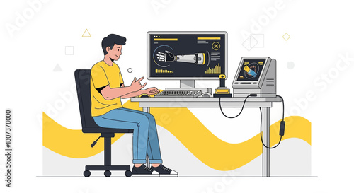 Man working on robotic arm project with computer and test equipment in a modern laboratory setting