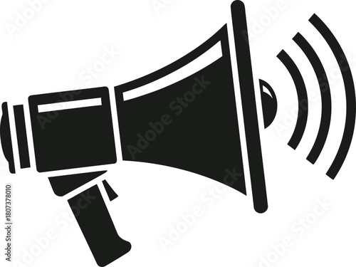 Minimalist black-and-white megaphone vector icon, clean outline, modern communication concept, high-contrast design, perfect for marketing and announcement themes.