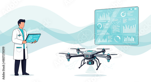 Medical professional using advanced drone technology for diagnosis and healthcare data analytics