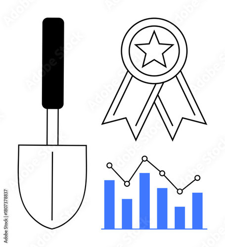Gardening spade, award ribbon with star, and chart with rising bars and connected points. Ideal for growth, achievement, progress tracking, analytics, success, agriculture and data visualization