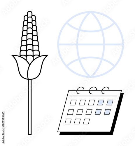 Corn stalk, world globe, and calendar represent agriculture, sustainability, global food systems, seasonal planning, economy, climate action eco-friendly practices. Ideal for visualizing simple flat