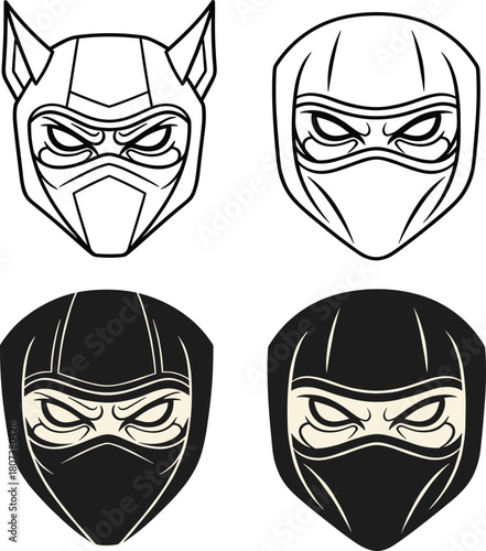 Set of Ninja and Cat Mask Vector Icons, Black and White Martial Arts Fighter Headgear.