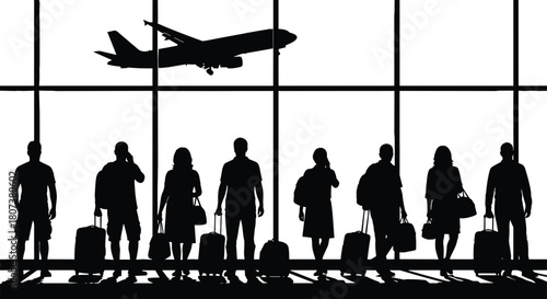 Black silhouette vector illustration of passengers waiting at airport terminal window with luggage, watching airplane take off for travel.