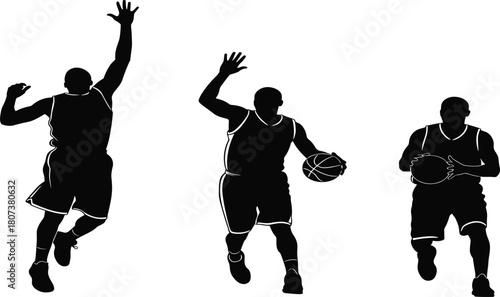 Black silhouette vector illustration of three basketball players in different action poses, isolated on white background for sports design.