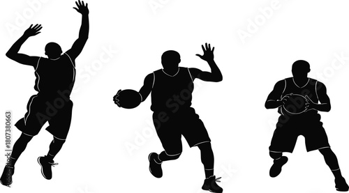 Set of black silhouette vector illustrations of three basketball players in action poses, isolated on white background for sports.