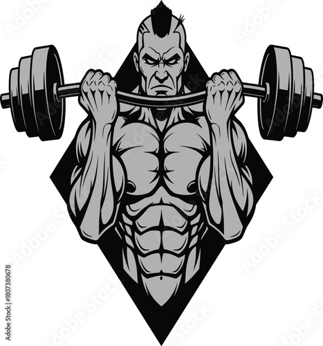 Strong muscular bodybuilder athlete lifting heavy barbell weights, grey gym fitness mascot logo design vector illustration, isolated on white background.