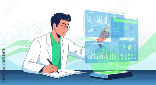 Scientist interacting with augmented reality interface for data analysis and documentation in a