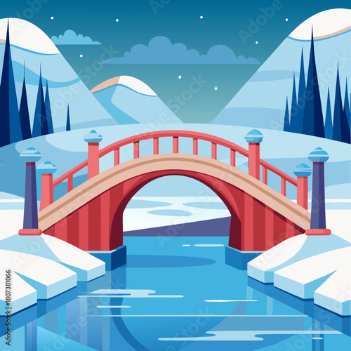 A picturesque winter scene with a bridge over a frozen river landscape