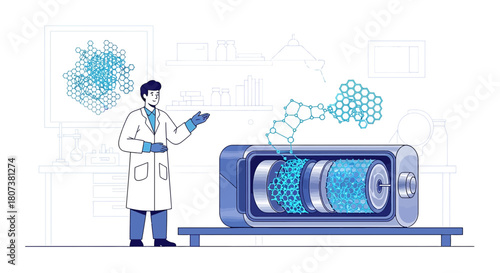Scientist presenting innovative battery technology in lab illustration showcasing energy research