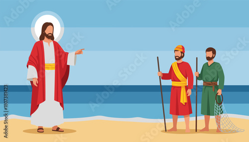 Jesus Christ calling two fishermen disciples on beach, biblical scene vector illustration with sea background, religious faith concept art design.