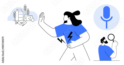 Woman rejecting food items thumbs up fish, wheat, and dairy, clutching stomach in discomfort. Microphone and observer with magnifier symbolize research, awareness. Ideal for health, allergy