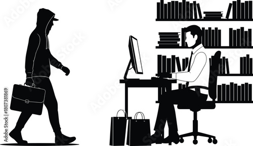 Black and white silhouette vector of an office worker at a computer desk and a hooded thief walking with a briefcase, a corporate security concept.