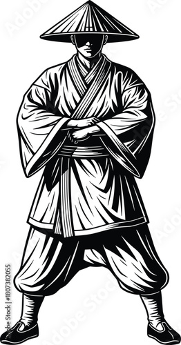 Vector illustration of an Asian martial arts master wearing a conical hat, a black and white ink-style sketch, isolated on a white background.