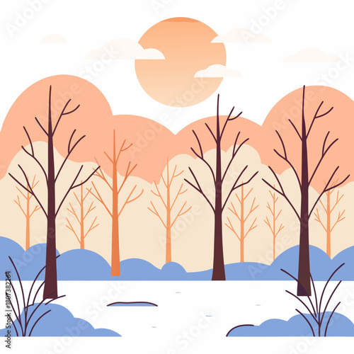 Illustration of a winter landscape with trees and a sun isolated on
