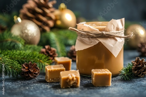 A jar of Christmas caramel fudge wrapped in paper beside pine leaves and ornaments 