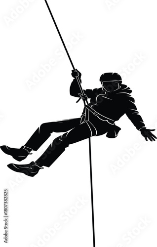 Black silhouette of a person rappelling down a rope, wearing a helmet and harness, isolated on white, adventure sport or tactical rescue concept.