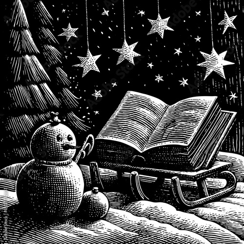 Snowman reading a book on a sled under the stars isolated on
