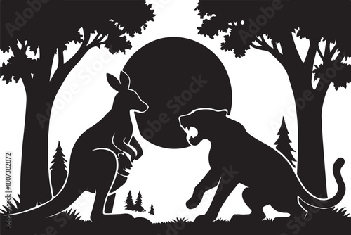 Kangaroo and Royal Bengal Tiger Vector Art Illustration