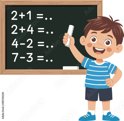 Cartoon boy solving math problems on chalkboard, happy child learning arithmetic in classroom, educational school illustration for kids learning