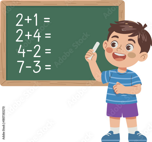 Cartoon boy solving math problems on chalkboard, happy child learning arithmetic in classroom, educational school illustration for kids learning