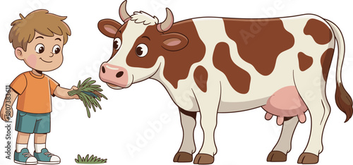 Cartoon boy feeding cow with fresh grass, friendly farm animal interaction illustration showing child caring for livestock in countryside setting