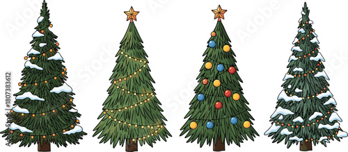 Four Cartoon Christmas Pine Trees Set with Ornaments Lights and Snow, Ideal for Holiday Winter Season Design Elements and Festive Greeting Cards