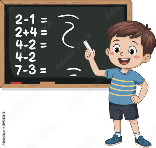 Cartoon boy solving math problems on chalkboard, happy child learning arithmetic in classroom, educational school illustration for kids learning