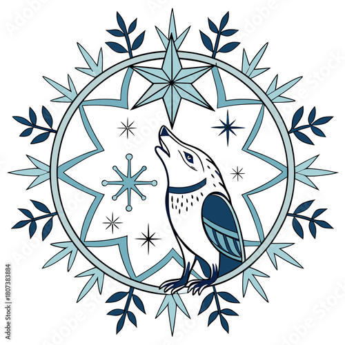 Winter solstice wolf howling at star isolated on