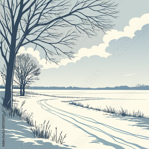 Winter scene with bare tree, snowcovered field, and cloudy sky landscape