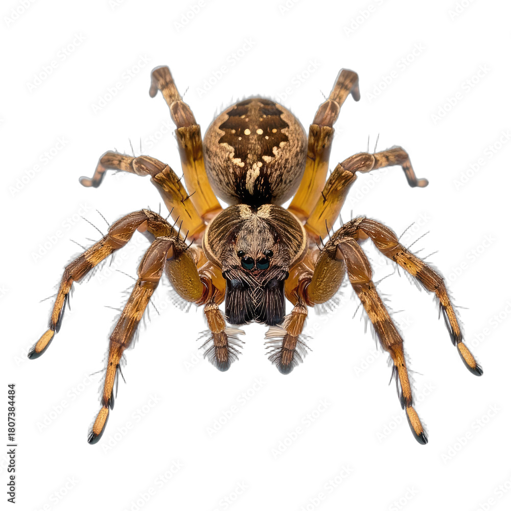 Fototapeta premium A detailed macro photograph captures a brown wolf spider with intricate patterns and prominent eyes against a stark black background.