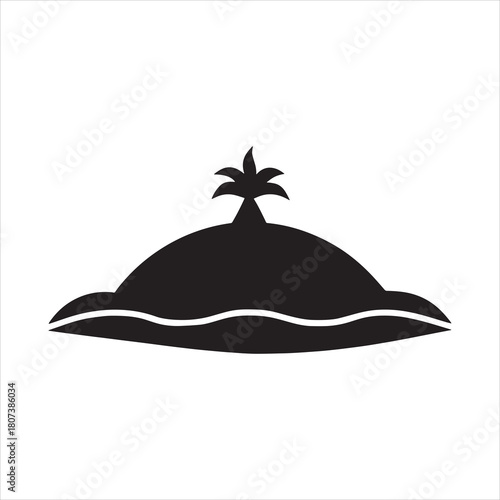 Tropical Desert Island Vector Icon Black Silhouette with Palm Tree and Waves Isolated on White for Travel, Vacation, and Paradise Design