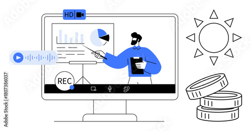 Business professional presenting analytics on a computer screen, video recording, coins, and a sun. Ideal for education, business, marketing, technology finance online training webinars. Simple