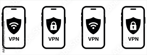 Secure your connection with VPN app icons for mobile privacy and data protection, featuring shield and padlock symbols for trusted network security.