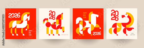 Modern template design with silhouette horse in fashion minimalist style. Chinese new year 2026. Set holiday background for cover, invitation, poster, banner, flyer, placard. Vector illustration.