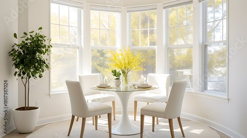 Bright and airy dining room with sunlit bay window, perfect for family meals and entertaining, a modern and inviting space with flowers and plant