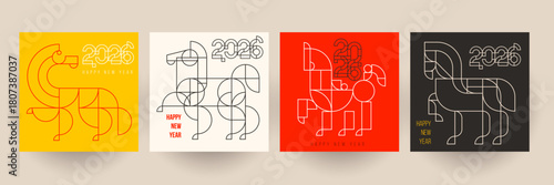 Chinese new year 2026. Set holiday background for cover, invitation, poster, banner, flyer, placard. Modern template design with silhouette horse in fashion minimalist style. Vector illustration.