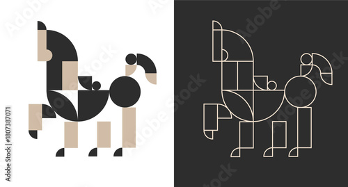 Modern fashion graphic design character for branding projects. Abstract horse in minimal geometric style. Vector illustration animal.