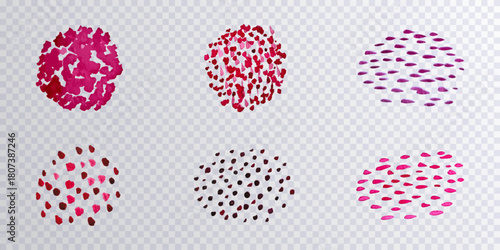 Collection of pink watercolor dots isolated on transparent background. Set of pink  decorative splashes. Art decorations. Watercolour splashes. Design elements. Vector illustration.